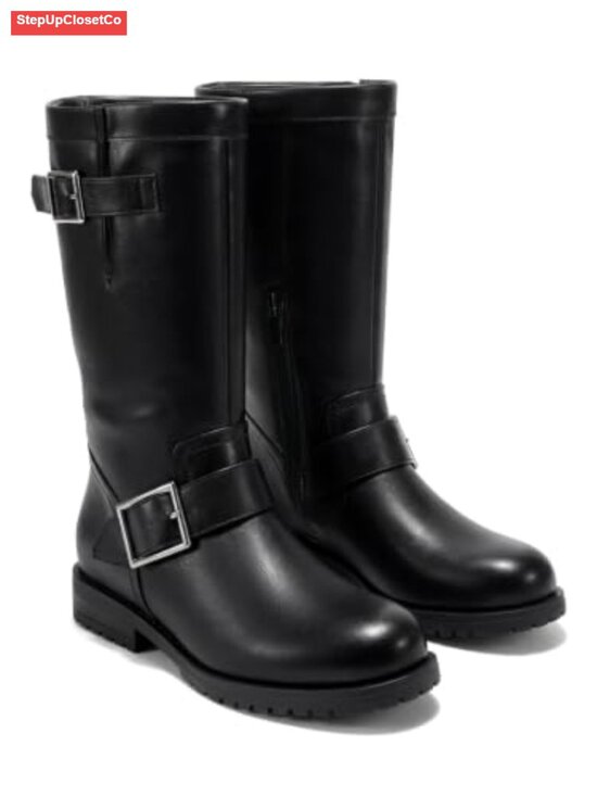 Shoes - Mid Calf Combat Boots Low Heel Zipper Motorcycle Biker Boots Faux Leather